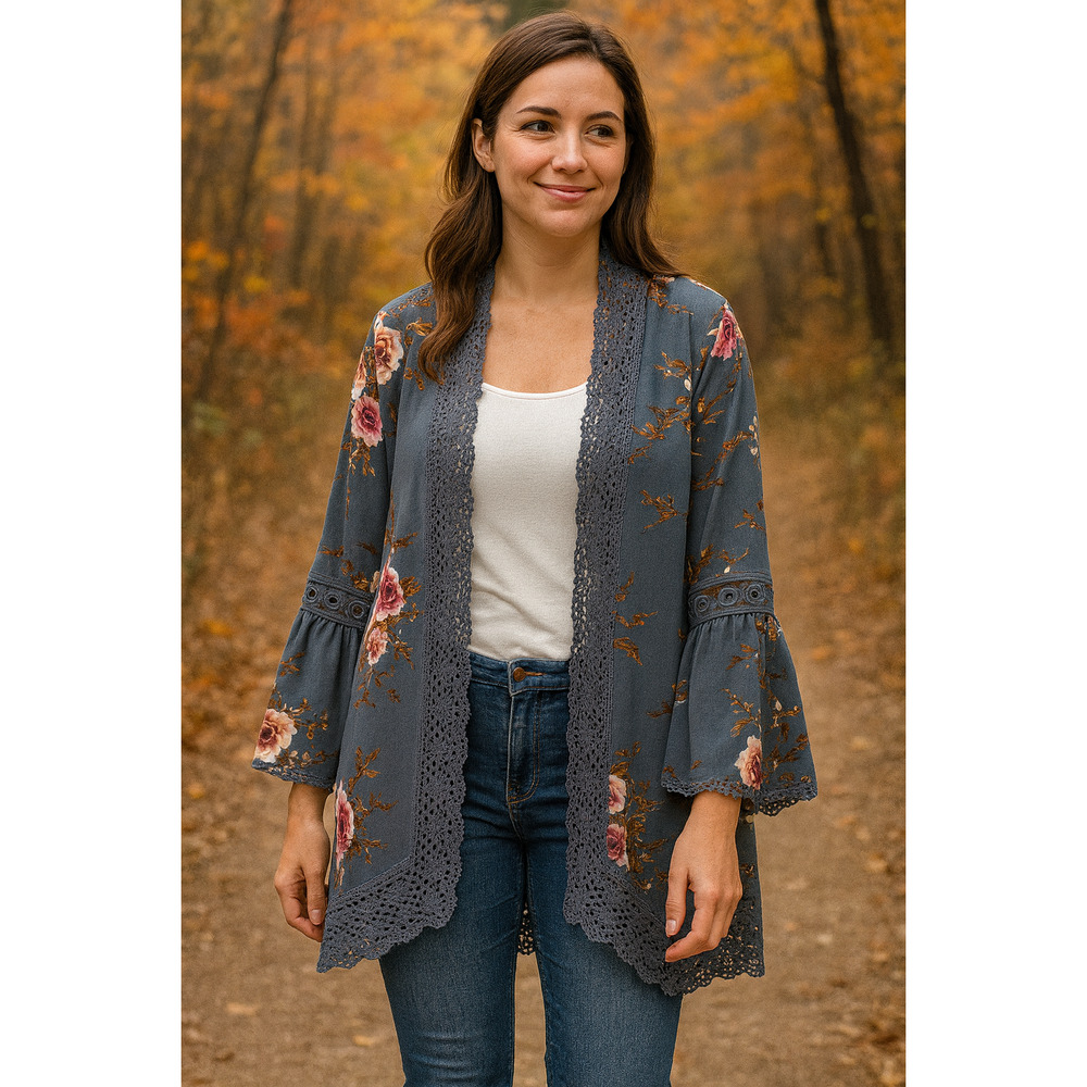 Floral lace trimmed Kimono Style Cardigan. Size L
